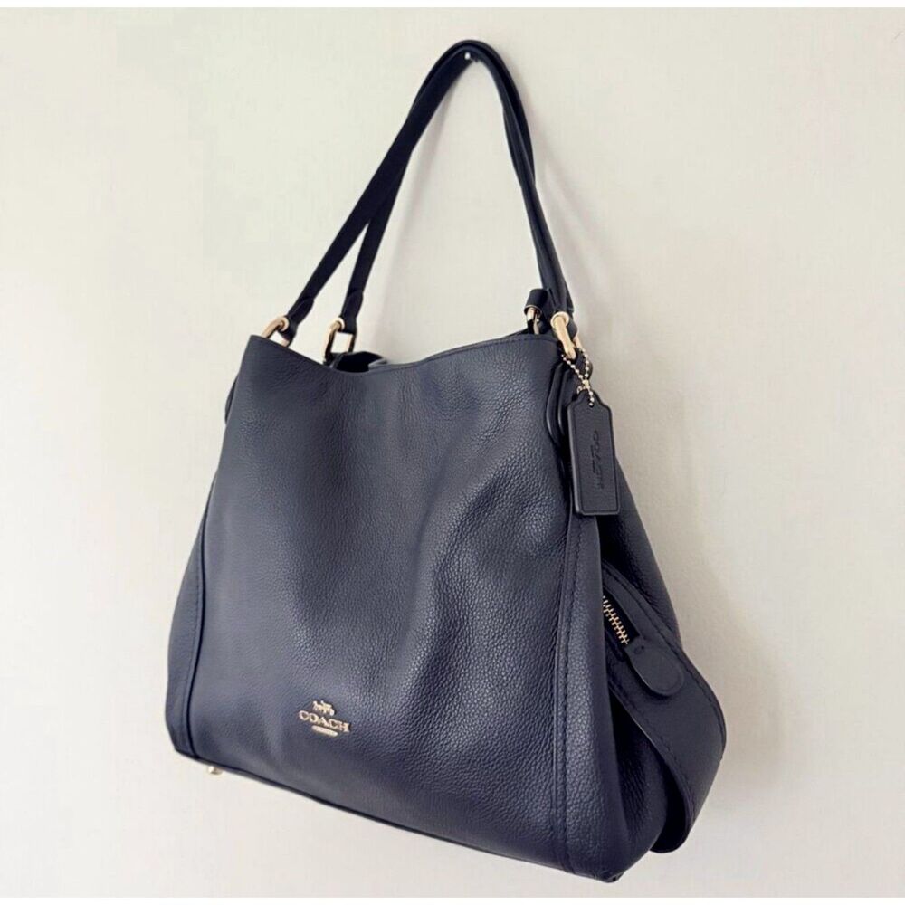 Coach Edie 31 Shoulder Bag Pebble Leather Slouchy Tote Polished Dark Blue Purse - Picture 10 of 11